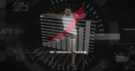 Athlete performing over bar graph with upward red arrow image