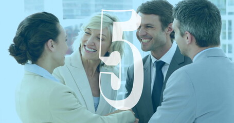 Shaking hands, business professionals with number five image overlay in office