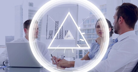 Business team discussing strategy with triangle image over office meeting