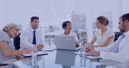 Meeting in office, business team discussing with image of equations on window