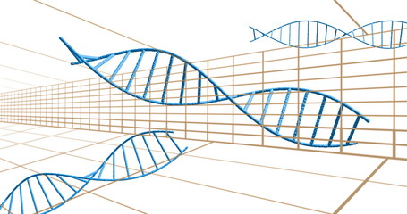 Image of blue DNA strands floating over grid lines in scientific concept