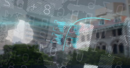 Projecting translucent data overlay on screen, showing building facade trees and cloud patches