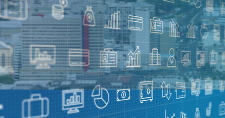 Urban cityscape with business icons and data analytics in image overlay