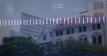 Audio waveform image over blurred city buildings and trees in background