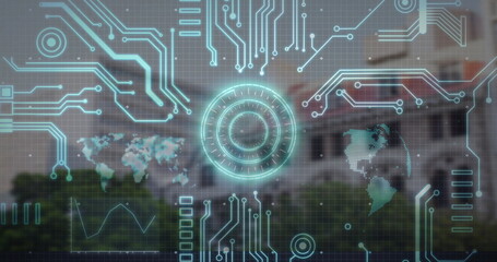 Digital circuit patterns and world map image over blurred outdoor background