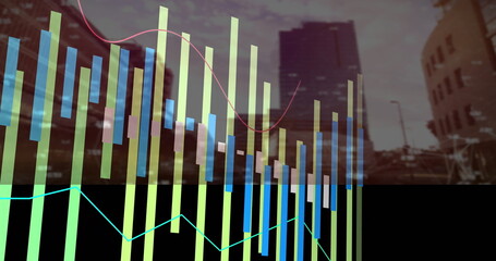 Bar and line graphs image over cityscape with tall buildings