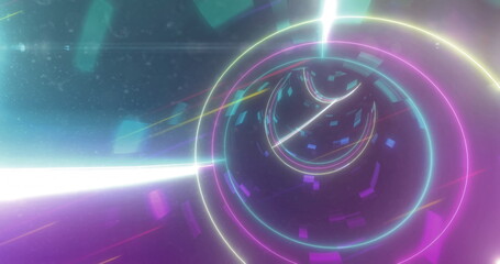 Spiraling neon rings creating tunnel in virtual space with light beams, glowing squares and flares