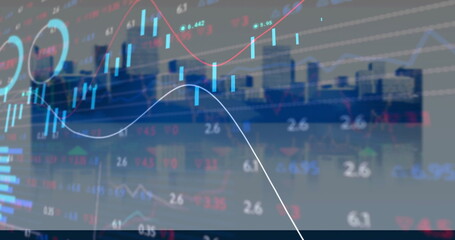 Financial graphs and data processing image over city skyline background