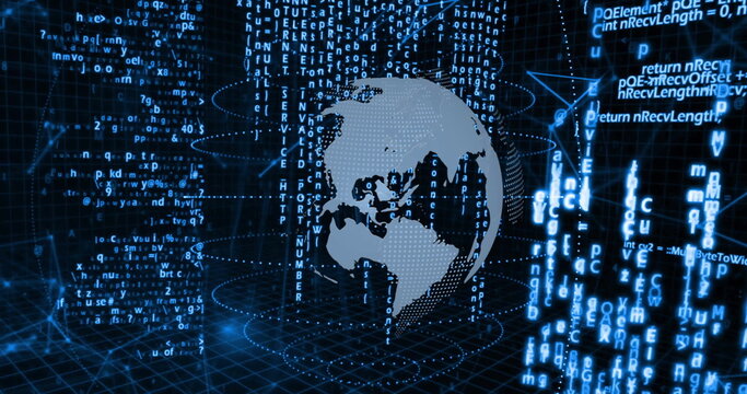 Image of digital globe with binary code and programming language elements - Powered by Adobe