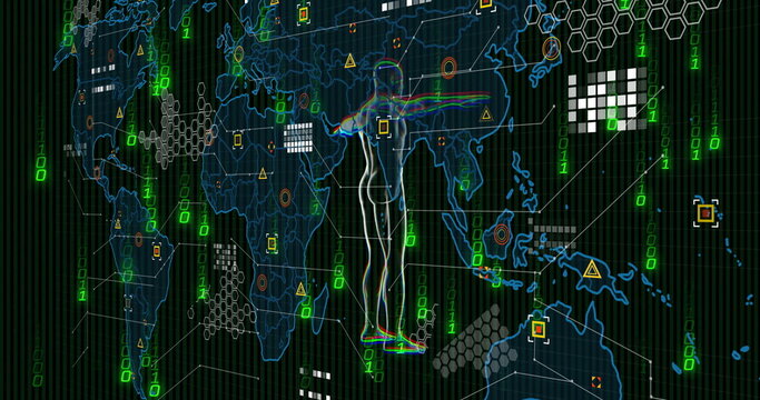 Digital human silhouette over world map with data and binary code image - Powered by Adobe
