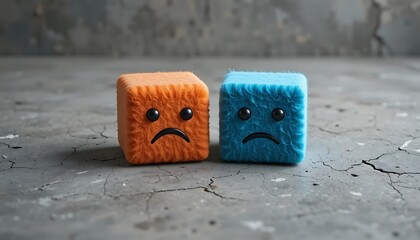 Adorable Fuzzy Cubes Expressing Sadness on a Cracked Concrete Surface
