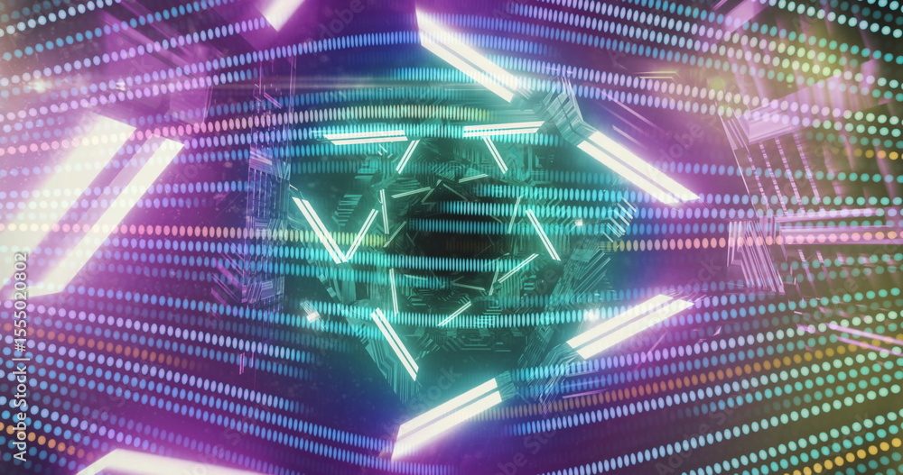 Poster neon lights and digital patterns forming geometric shapes in futuristic image