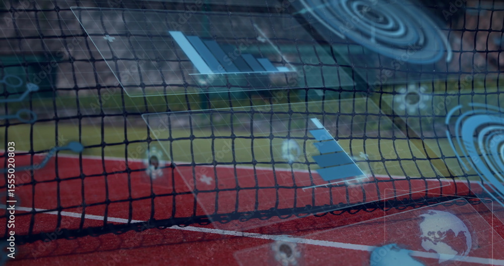 Poster tennis net on court with digital data processing image overlay