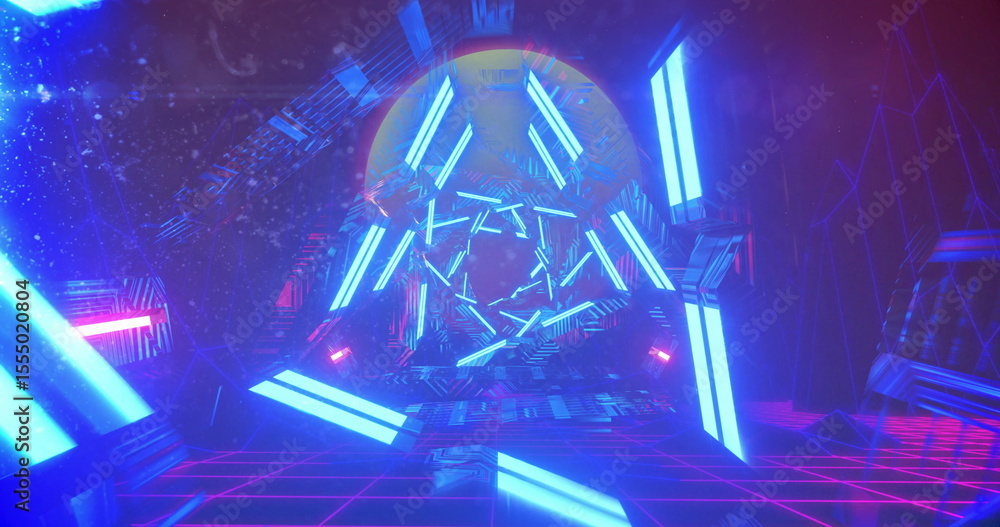 Poster glowing neon tunnel with blue and pink geometric patterns, creating image effect