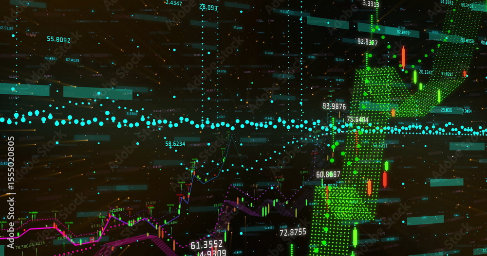 Poster graphs and numbers animating financial data visualization on digital grid background