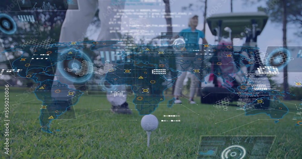 Poster golf ball on tee with digital world map and data overlay image