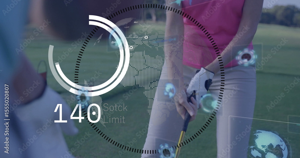 Poster preparing to swing, golfer with image overlay of statistics and world map