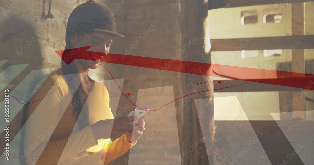Poster person in helmet using smartphone with financial graph image overlay