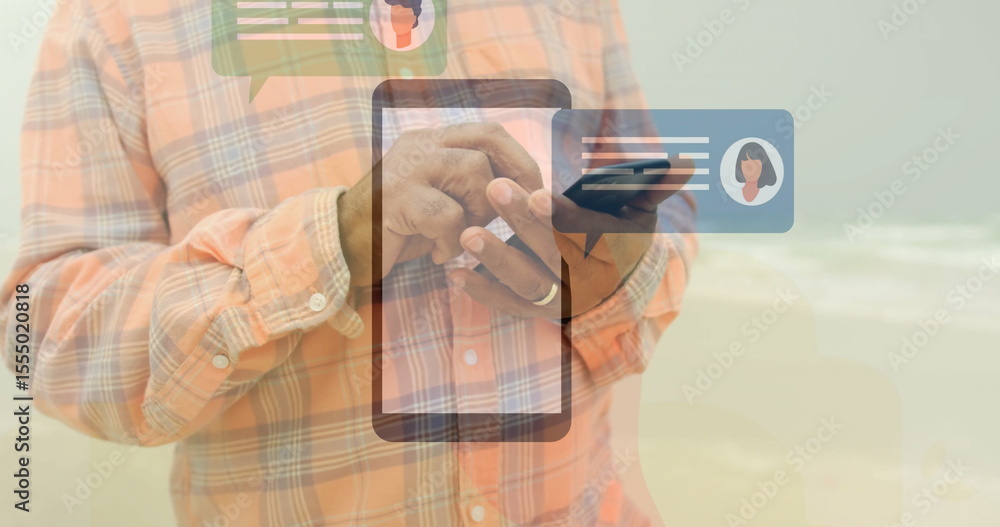 Poster using smartphone, person with chat message icons and image on beach