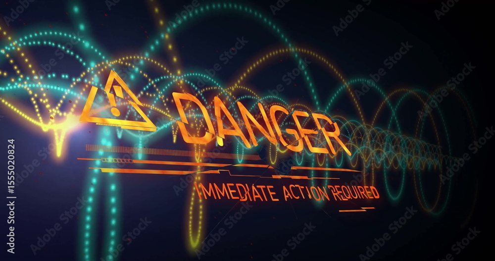 Poster immediate action required warning with glowing wave patterns in image style