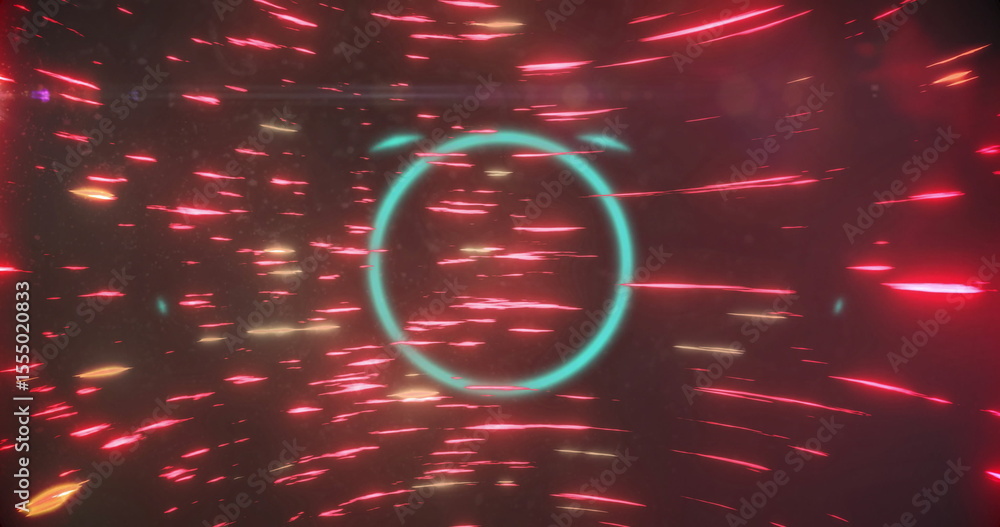 Poster animating glowing red and teal circular patterns, creating dynamic light trails