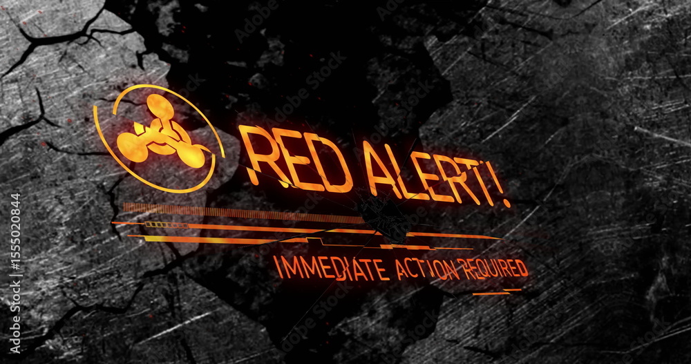 Poster red alert text requiring immediate action on dark textured background with image