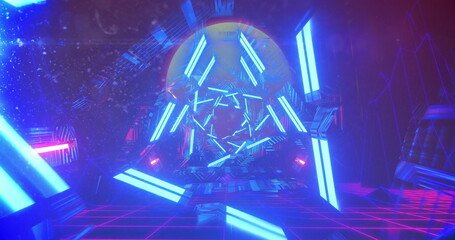 Glowing neon tunnel with blue and pink geometric patterns, creating image effect