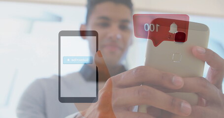 Holding smartphone, person seeing subscribe notification image overlay on screen