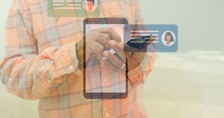 Using smartphone, person with chat message icons and image on beach