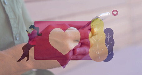 Holding smartphone, hands displaying heart and people image overlay