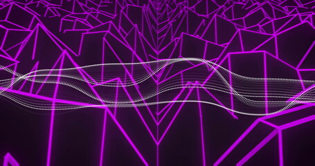 Image of dots flowing over geometric purple neon lines in motion