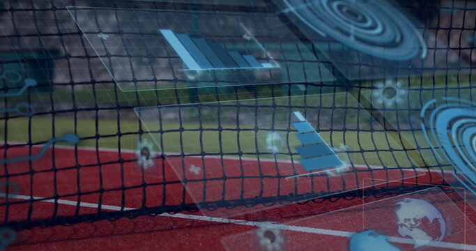 Tennis net on court with digital data processing image overlay - Powered by Adobe