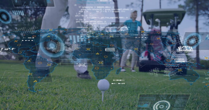 Golf ball on tee with digital world map and data overlay image
