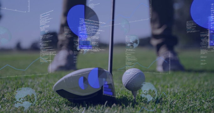 Golf club and ball on grass with data processing image overlay