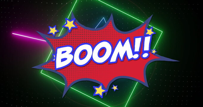 Naklejki BOOM!! image with stars over colorful neon shapes and dots in school