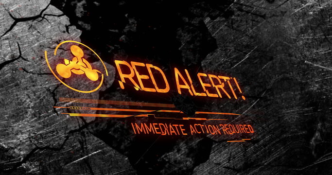 Red alert text requiring immediate action on dark textured background with image