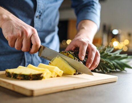 Close up of hands slicing a pineapple on a wooden cutting board with a knife