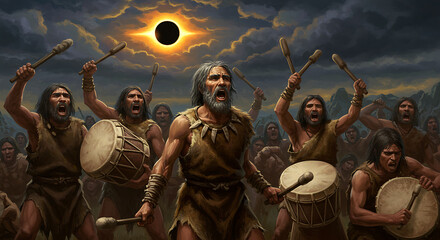 Ancient Ritual Under Solar Eclipse: A captivating artistic rendering of a prehistoric tribe, lost in a ritual during a solar eclipse, drumming in anticipation.