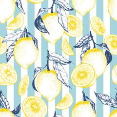 Lemon fruits on blue stripe background traditional design. Mediterranean Amalfi Coast pattern. Backdrop for wrapping paper, wallpaper, fabric, textile. Vector illustration.