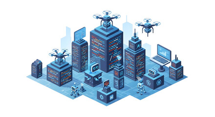 Obraz premium Isometric Pixel Art Cityscape With Glowing Windows Drones And Digital Devices On Black Background