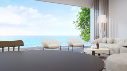 Empty curve dark table top with blurred sea view background. 3d illustration of modern dining and living room.