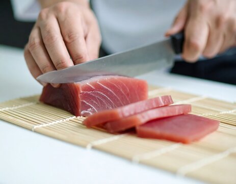 Chef slicing fresh tuna fillet on bamboo cutting board fish seafood sushi