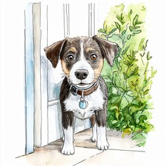Playful beagle puppy at the doorstep home illustration bright green surroundings eye-level view pet enthusiasm