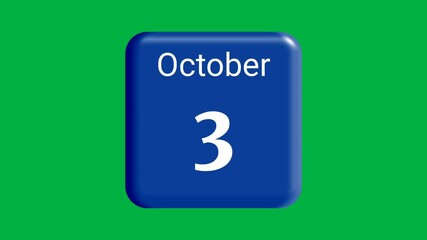 Blue calendar October 1 to 10 date animation isolated on green background