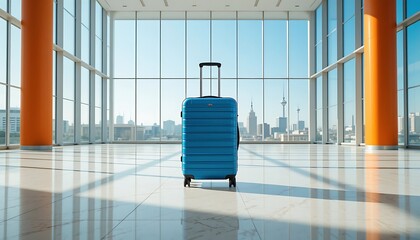 Blue Suitcase in Modern Airport Terminal with City Skyline View