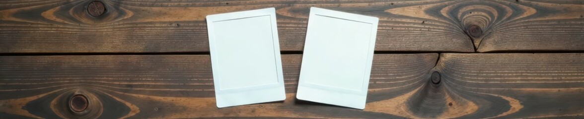 Two blank polaroid frames rest on rustic wooden surface , advertising, blank
