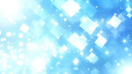 Light blue background with white squares and glowing particles.