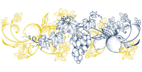 Elegant hand-drawn clipart featuring lemon and grape branches with decorative curls, floral elements, and ornamental swirls. Perfect for packaging, labels, invitations, kitchen decor, or summer-themed © JeannaDraw