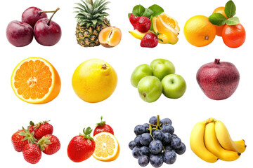 Fresh assorted fruits including grapes, apples, pineapples, and strawberries arranged beautifully on a white background