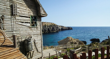 View from Popeye Village to bay on the Mediterranean Sea in Malta
